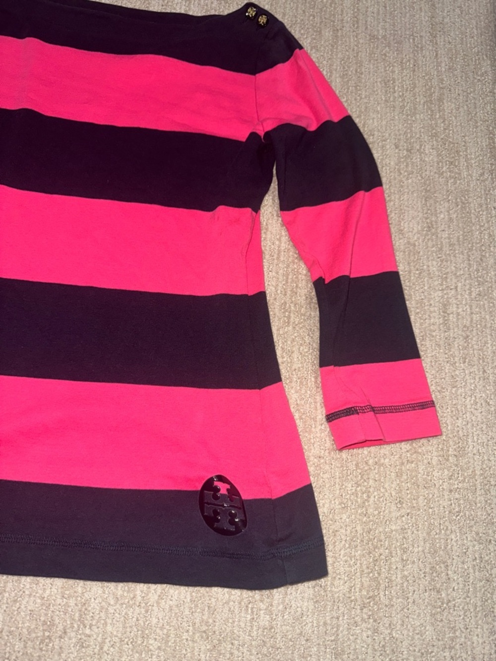 Tory Burch Womens Size S Pima Cotton Striped Pink/Navy Blue Boatneck Top - Picture 3 of 10